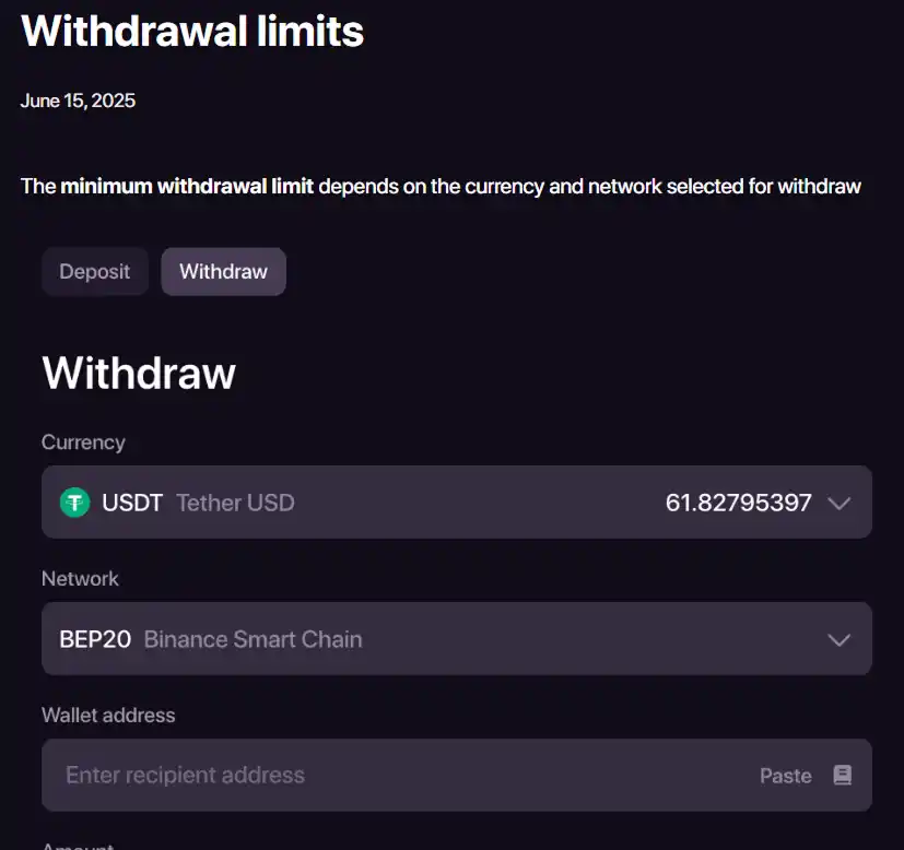 صفحة Withdrawal limits الرسمية في CHEXX