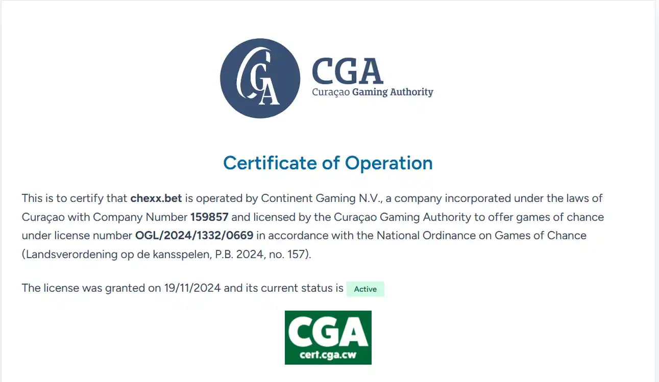 سجل ترخيص CHEXX لدى Curaçao Gaming Authority